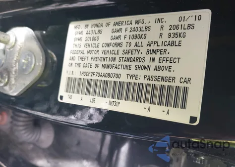 2010 Honda Accord 2.4 Ex z USA, uszkodzony, nr VIN 1HGCP2F70AA080700